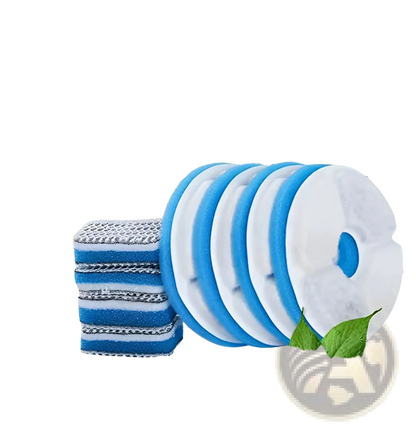 Blue-and-white replacement filter pad for pet water fountain with green leaf icon