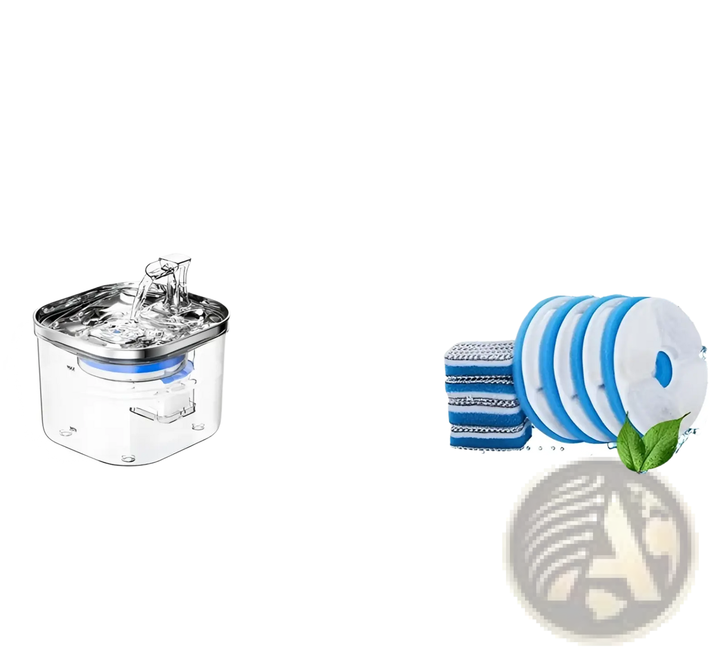 Stainless steel automatic pet water fountain with blue filter cartridge and pump top