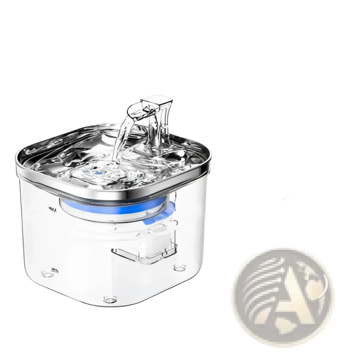 White-and-clear pet water fountain with stainless top and center water spout