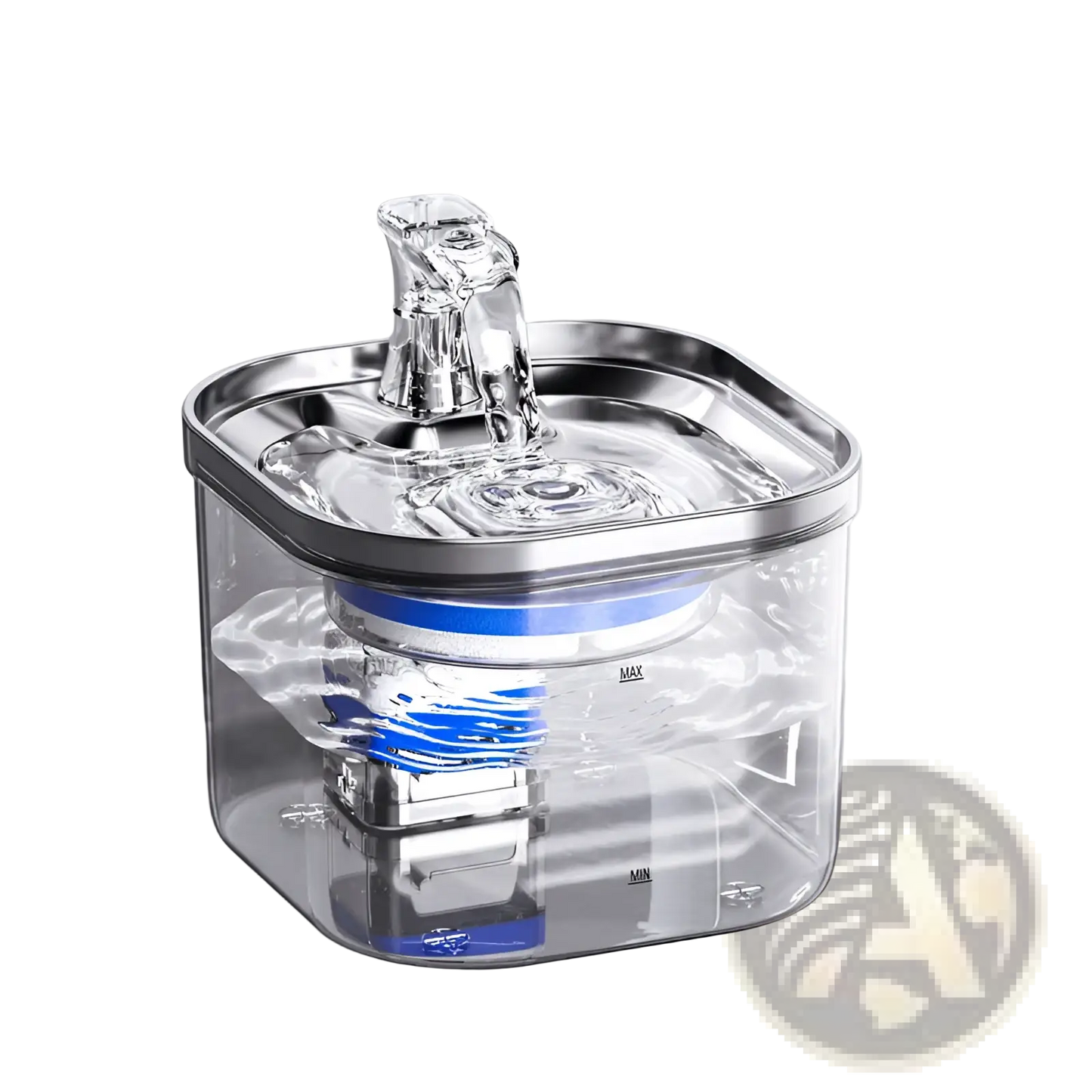 Clear pet water fountain with stainless steel reservoir and central water spout