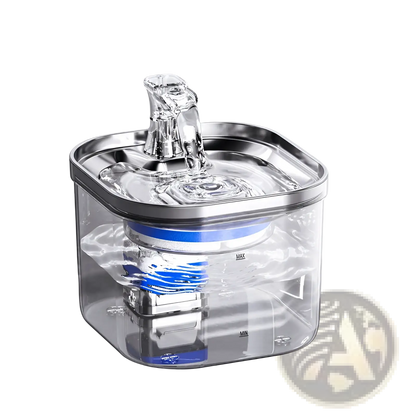 Clear pet water fountain with stainless steel reservoir and central water spout