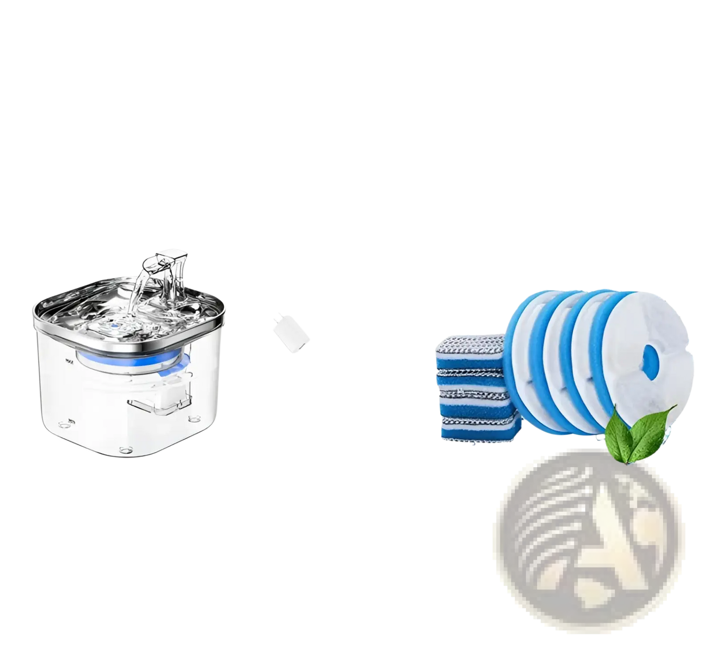 Pet water fountain kit with stainless top, clear spout, and blue filter pad