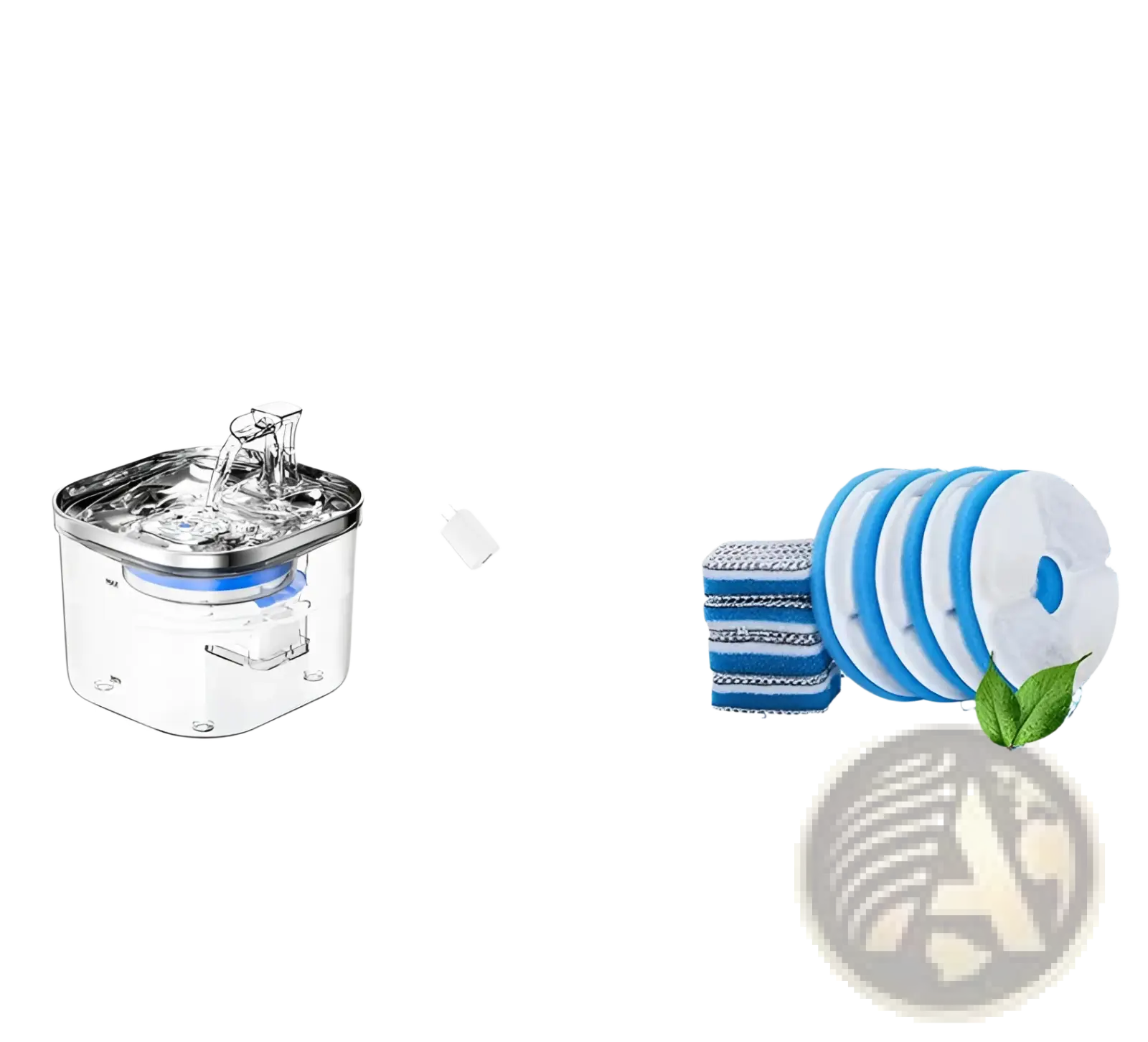 Pet water fountain kit with stainless top, clear spout, and blue filter pad