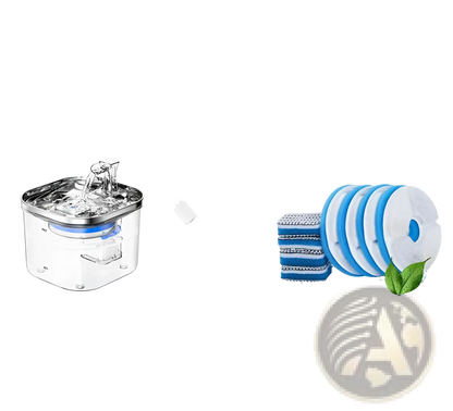 Pet water fountain kit with stainless top, clear spout, and blue filter pad