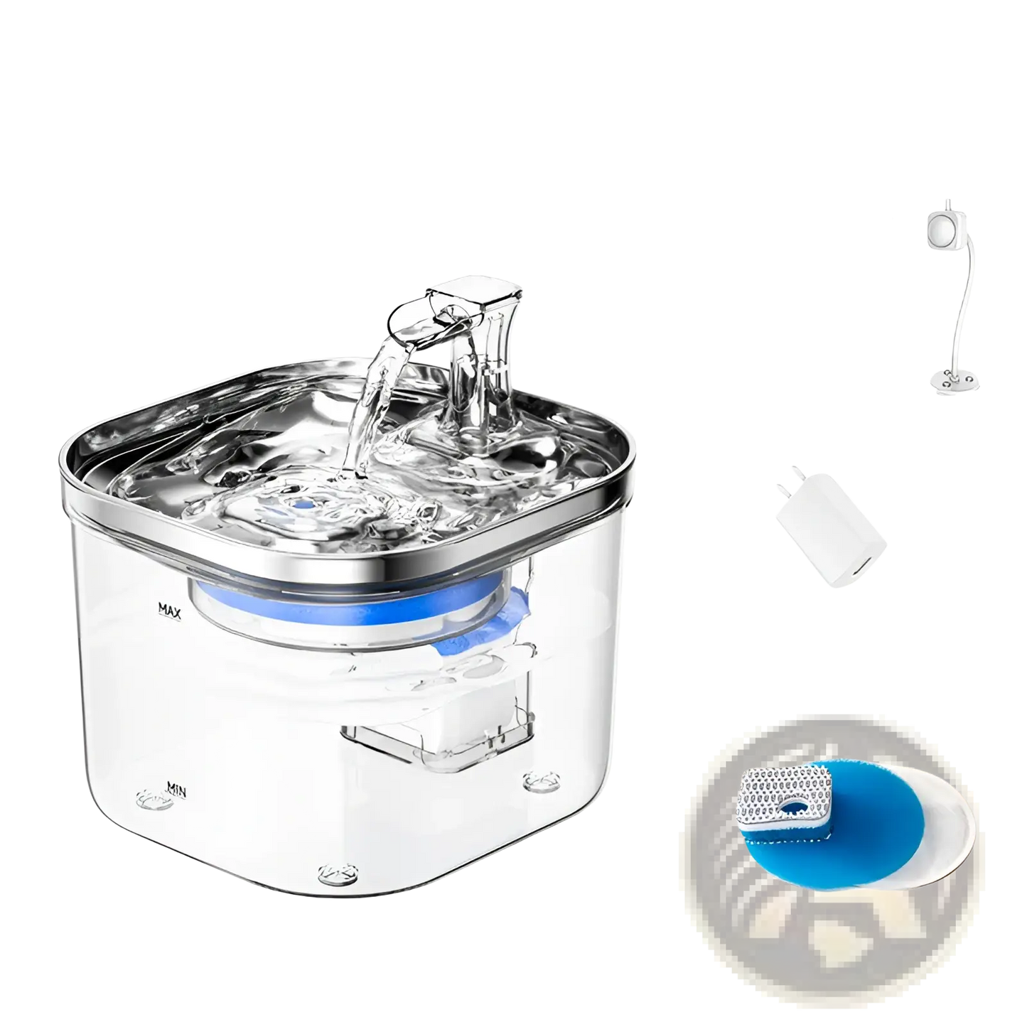 Stainless steel pet water fountain with clear lid, pump spout, and filter parts
