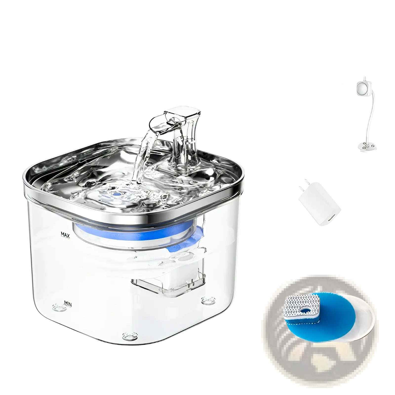 Stainless steel pet water fountain with clear lid, pump spout, and filter parts