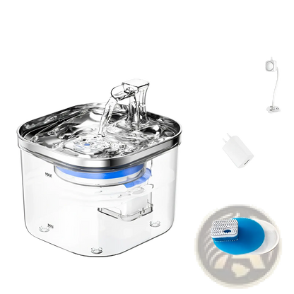 Stainless steel pet water fountain with clear lid, pump spout, and filter parts