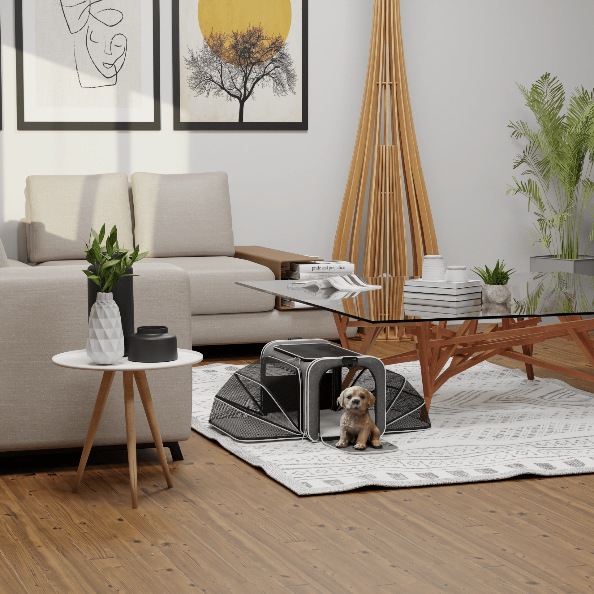 Expandable wheeled pet carrier used in living room, with pet resting inside on floor