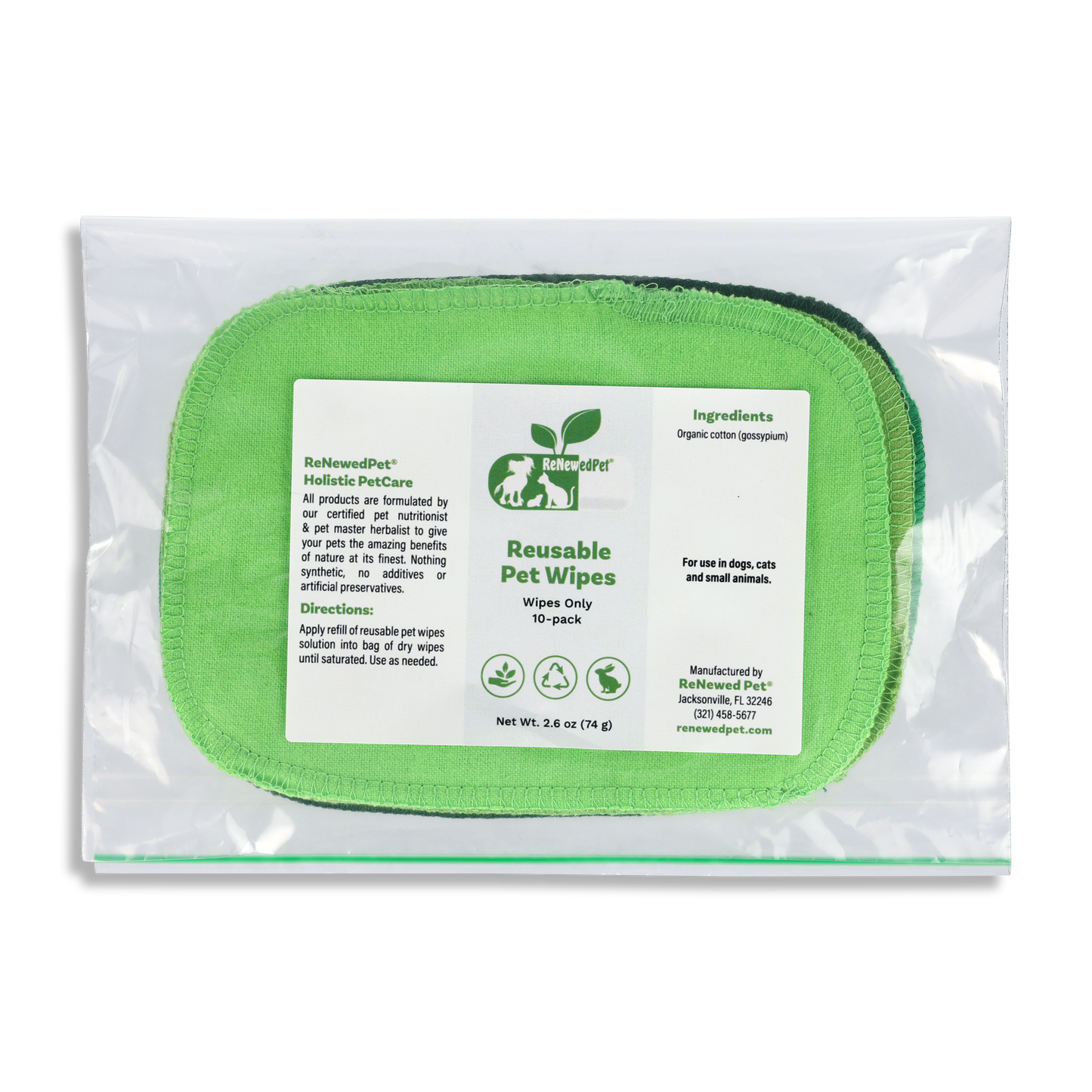 Reusable pet wipes, green oval wipe pad shown through clear pouch, 10-pack