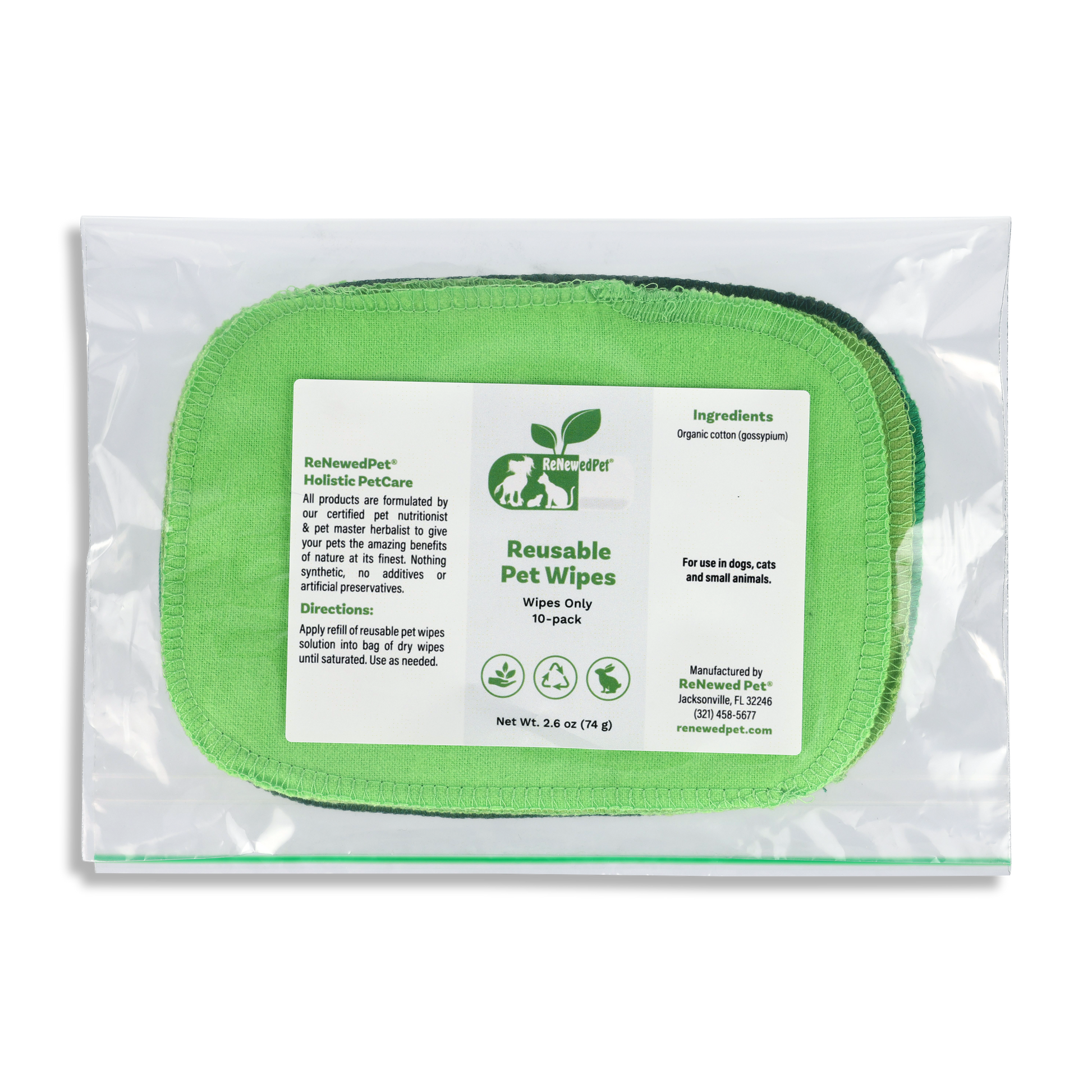 Reusable pet wipes, green oval wipe pad shown through clear pouch, 10-pack