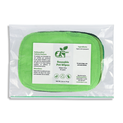 Reusable pet wipes, green oval wipe pad shown through clear pouch, 10-pack