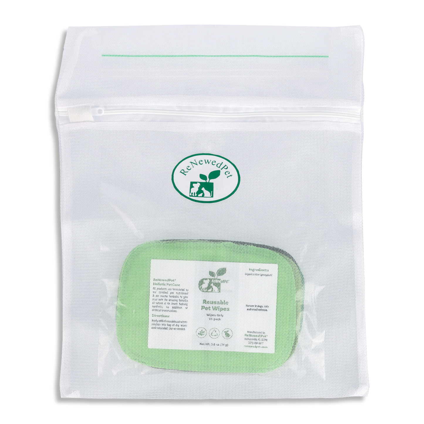 Reusable pet wipes pouch, white bag with zipper and green logo, wipes only