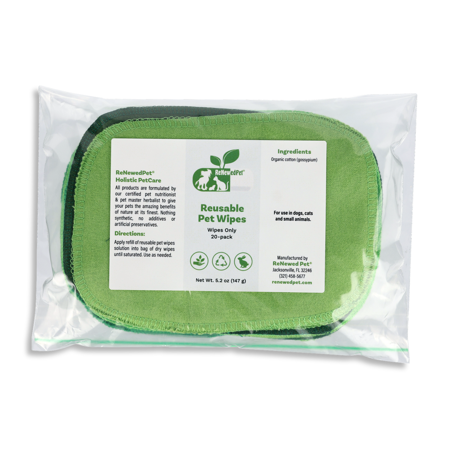 Reusable pet wipes, green oval wipes in clear pouch with product label, 20-pack
