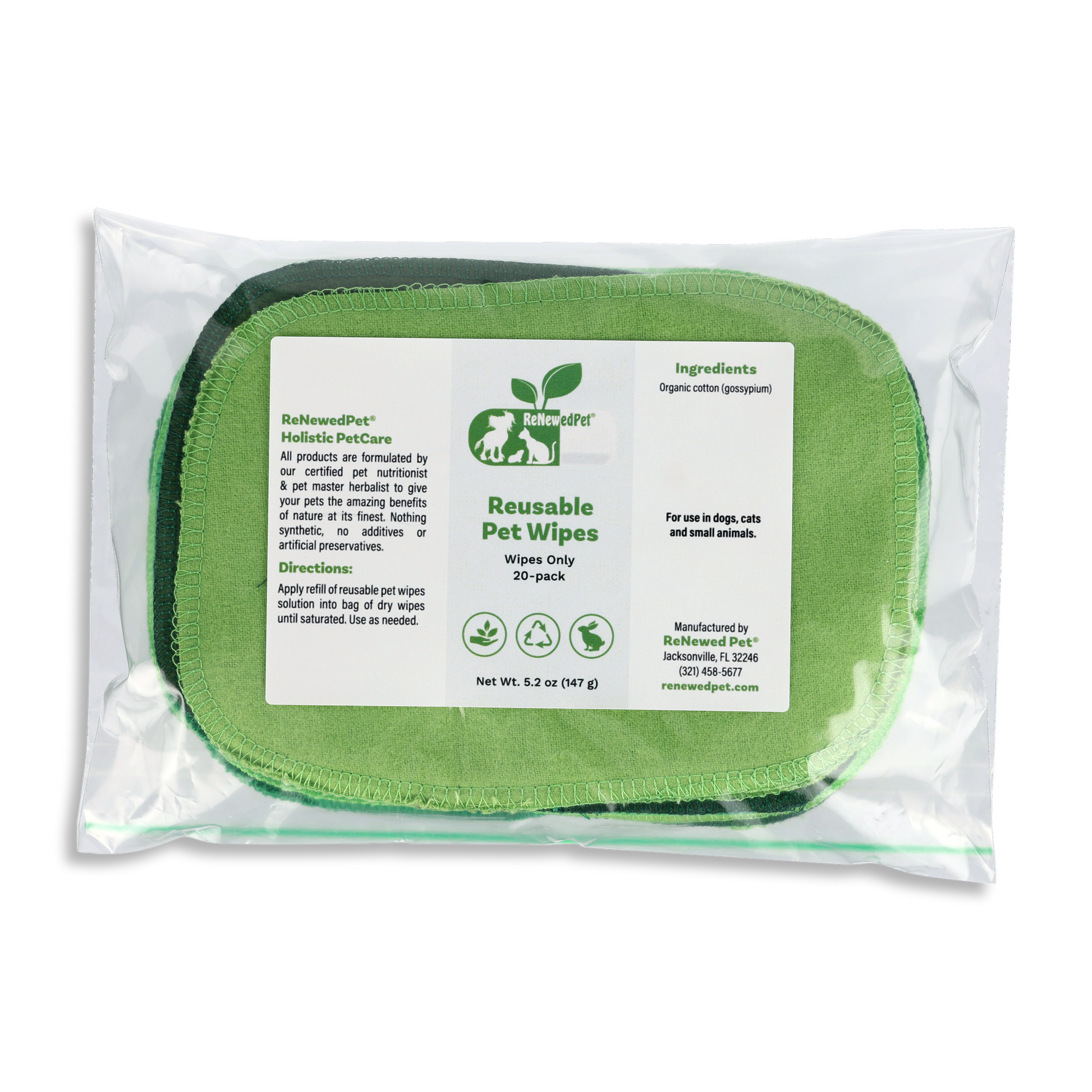 Reusable pet wipes, green oval wipes in clear pouch with product label, 20-pack