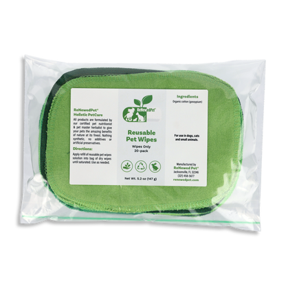 Reusable pet wipes, green oval wipes in clear pouch with product label, 20-pack