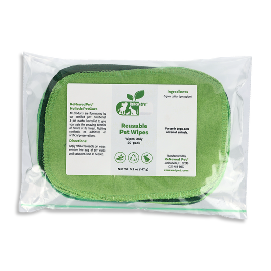 Reusable pet wipes, green oval wipes in clear pouch with product label, 20-pack