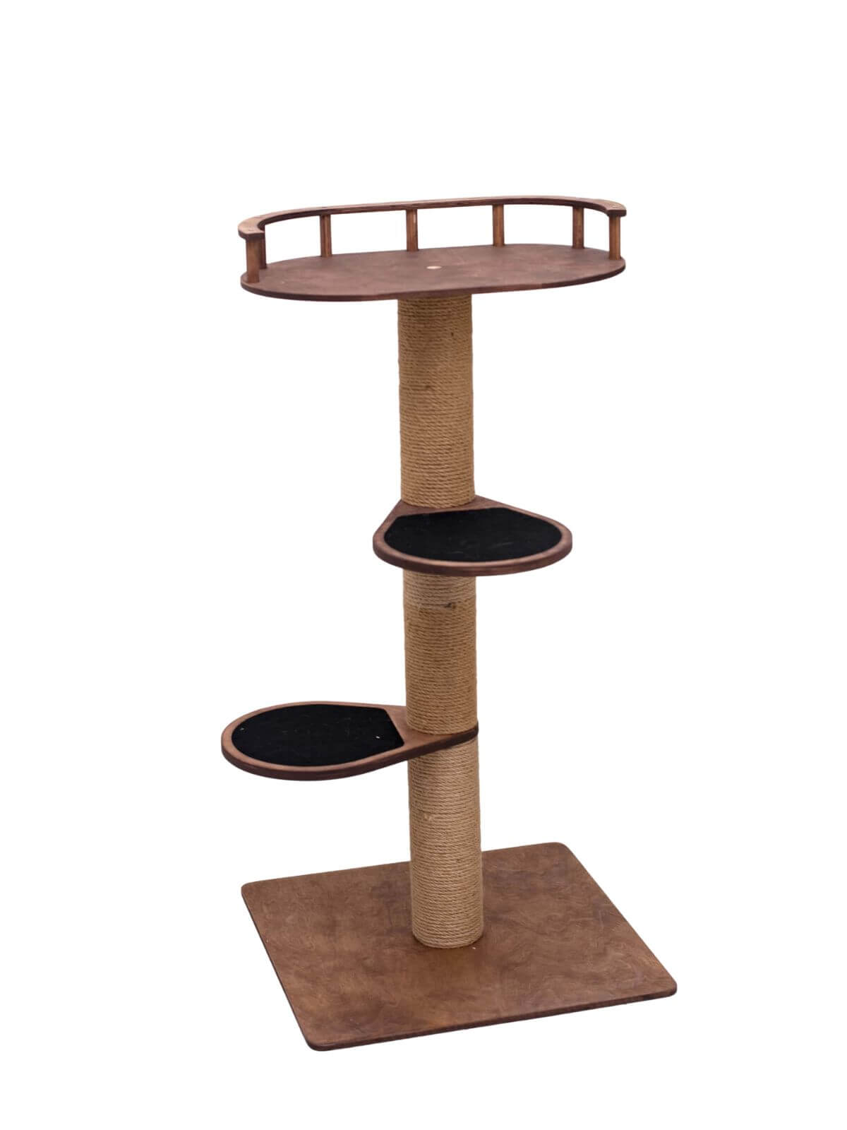 Small cat tree with round top bed, two black perches, sisal post, and square base.